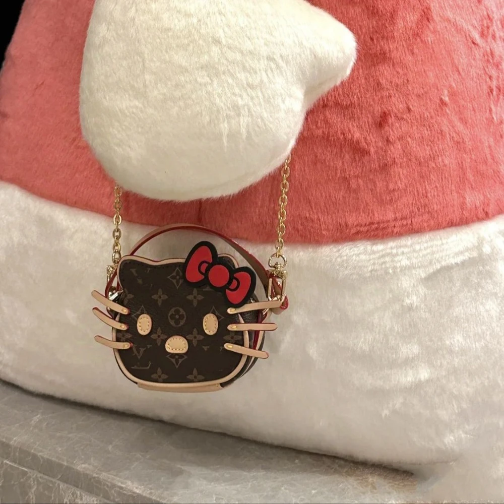 New  Hello Kitty Handbag with Cute Bow Embroidery PU Crossbody Bag Cartoon Travel Portable Chain Mini Crossbody Wallet