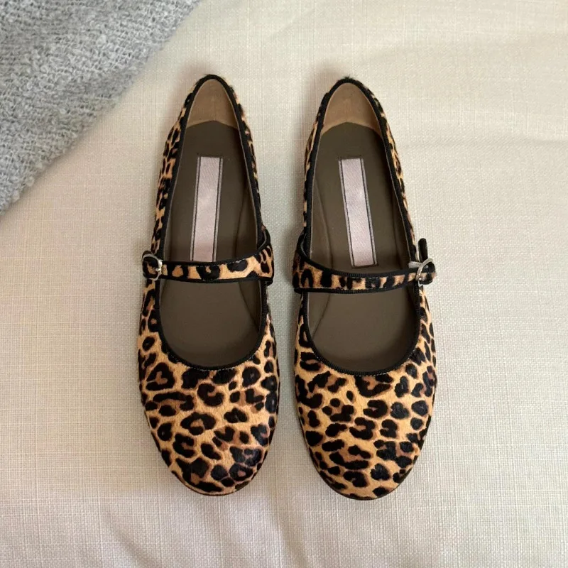 

Sgirls Mary Jane Shoes Woman Heepskin Niche Retro Round Head Ballet Shoes Shallow Mouth Flat Bottom Leopard Print Single Shoe