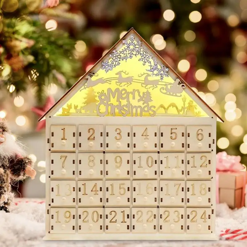 Wood Advent Calendars 24 Days Countdown Elk House Advent Calendars Kit With LED Lights Merry Christmas Advent Box For Kids