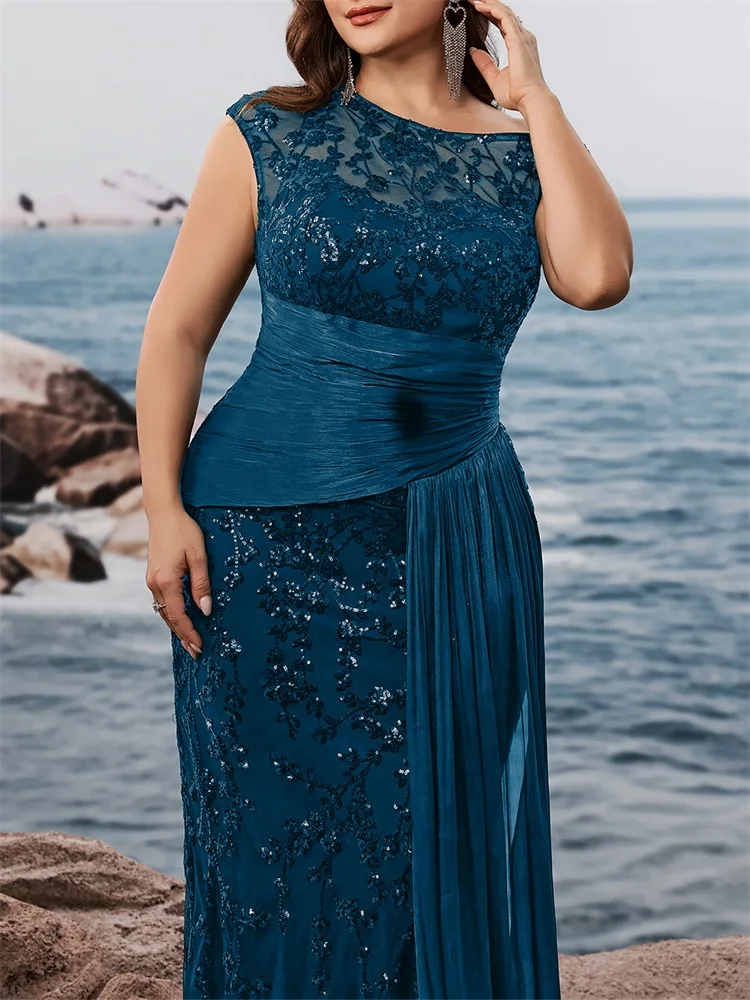 بالإضافة إلى حجم أنيقة بلا أكمام الترتر المرقعة الشريط فساتين السهرة الرسمية الفاخرة الأزرق حورية البحر حزب فساتين كوكتيل