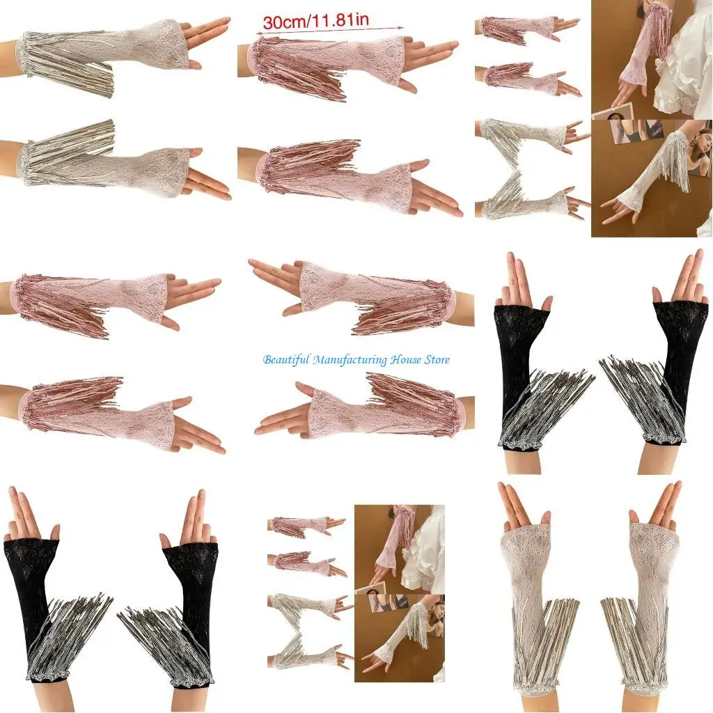 

E56A перчатки без пальцев с длинными рукавами для женщин, перчатки с блестками и бахромой, длина до локтя