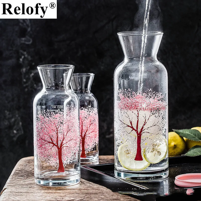 360/700/1260ml Glass Hot Color-changing Cherry Blossom Cold Water Bottle Household Coffee Tea Water Bottle Juice Milk Drinkware