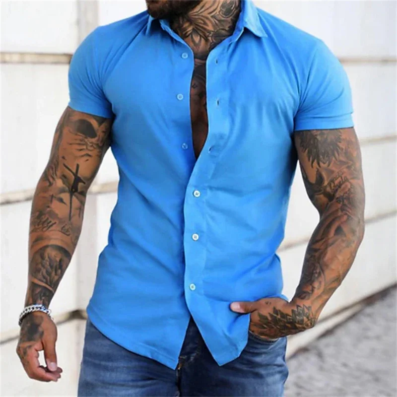 Hawaii Fitness Short Sleeved Lapel Shirt Elastic Thin Solid Color Sports Casual Cardigan Business No Iron Shirt Oversized S-5XL