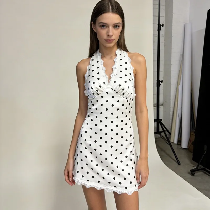 

Talenza Summer Polka Dot Dress Women's Sexy Sleeveless Lace Patchwork V-Neck Backless Dress Fashion Party Vacation Female Dress