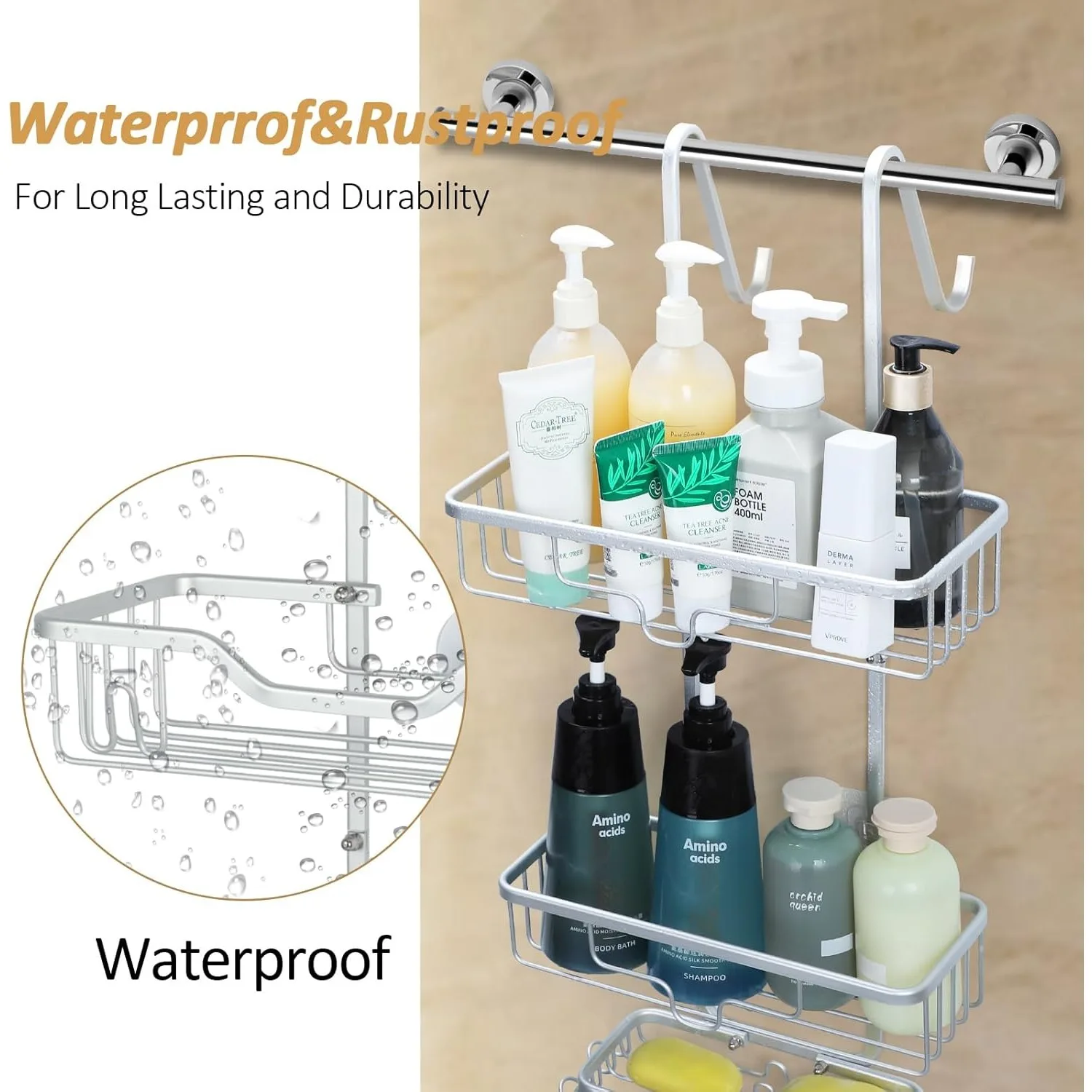 Drill-Free Shower Caddy Over Door 3-Tier, Aluminum Hanging Shelf with Multi-Hooks Soap Holder, Bathroom Spa Organizer Silver