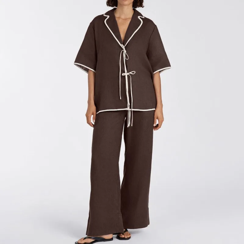 

Женский свободный спортивный костюм, элегантная удобная рубашка на шнуровке с короткими рукавами, широкие брюки, комплект из двух предметов, домашняя одежда, пижамный комплект