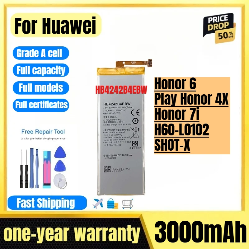 

HB4242B4EBW for Huawei Honor 6/Play Honor 4X/Honor 7i/H60-L0102/SHOT-X Mobile Phone Battery Replacement Bateria with Tools
