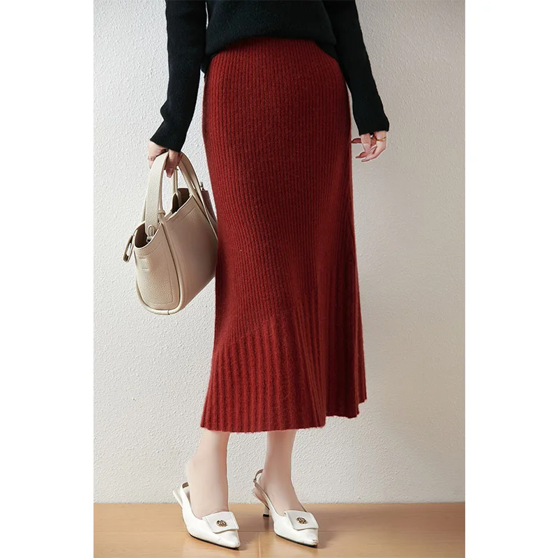 

100% merino wool women's knitted skirt, elastic waist, casual, fashionable, fishtail, new autumn and winter 2024