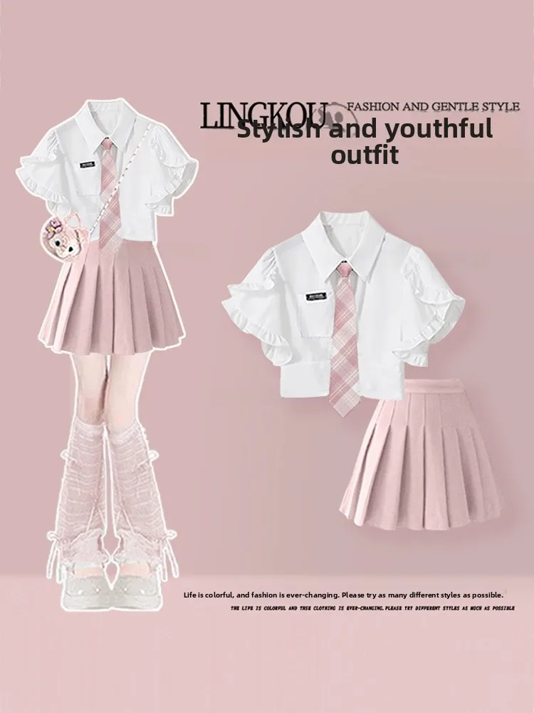 

Sweet Summer Preppy Sle irt And Skirt Set Women's Faion High Waist A-Line Dr Two-Piece Ensemble ort Sve Po...