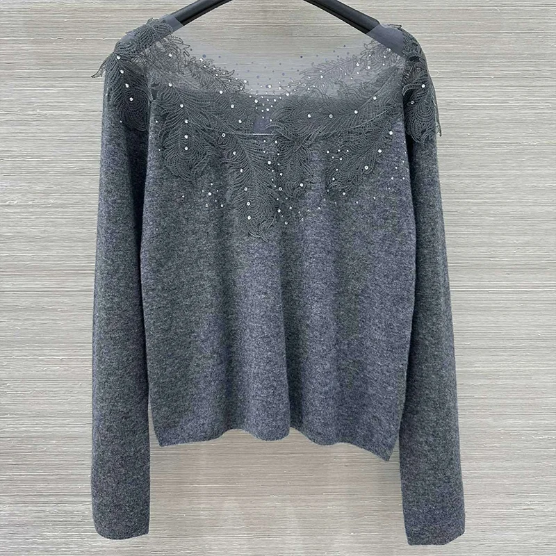 

Высококачественный вязаный женский свитер с открытыми плечами и кружевными пайетками и роскошным пуловером. Элегантная индивидуальность 25101799