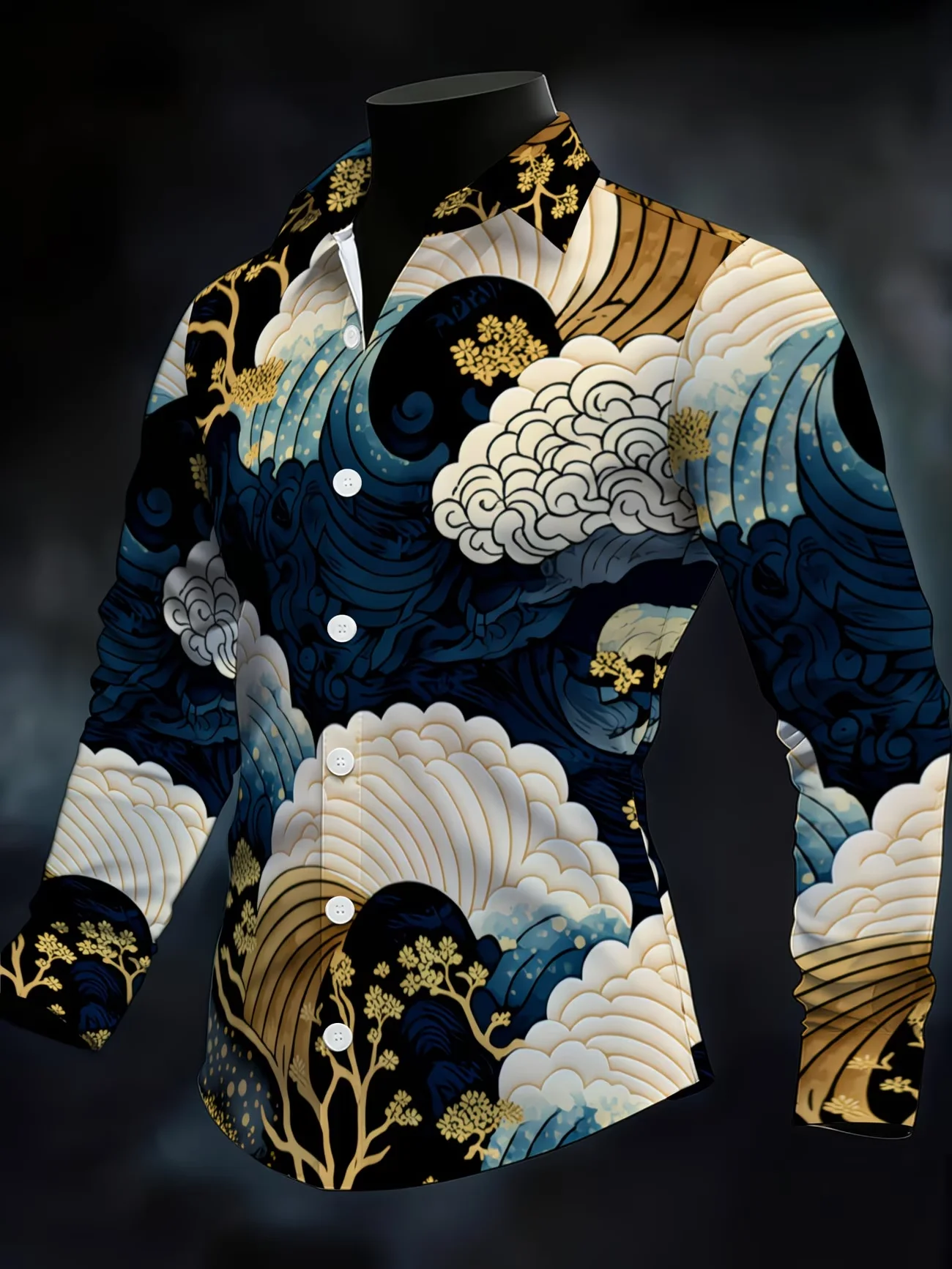 

New ukiyo-e wave cloud pattern 3D printed men's long sleeved shirt with a lapel and retro style shirt, clothing top