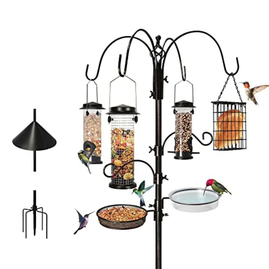 

6-Hook Bird Feeding Station Steel Multi-Feeder Kit Stand for Attracting Wild Birds w/ 4 Bird Feeders Bird Bath Mesh Tray and Sq