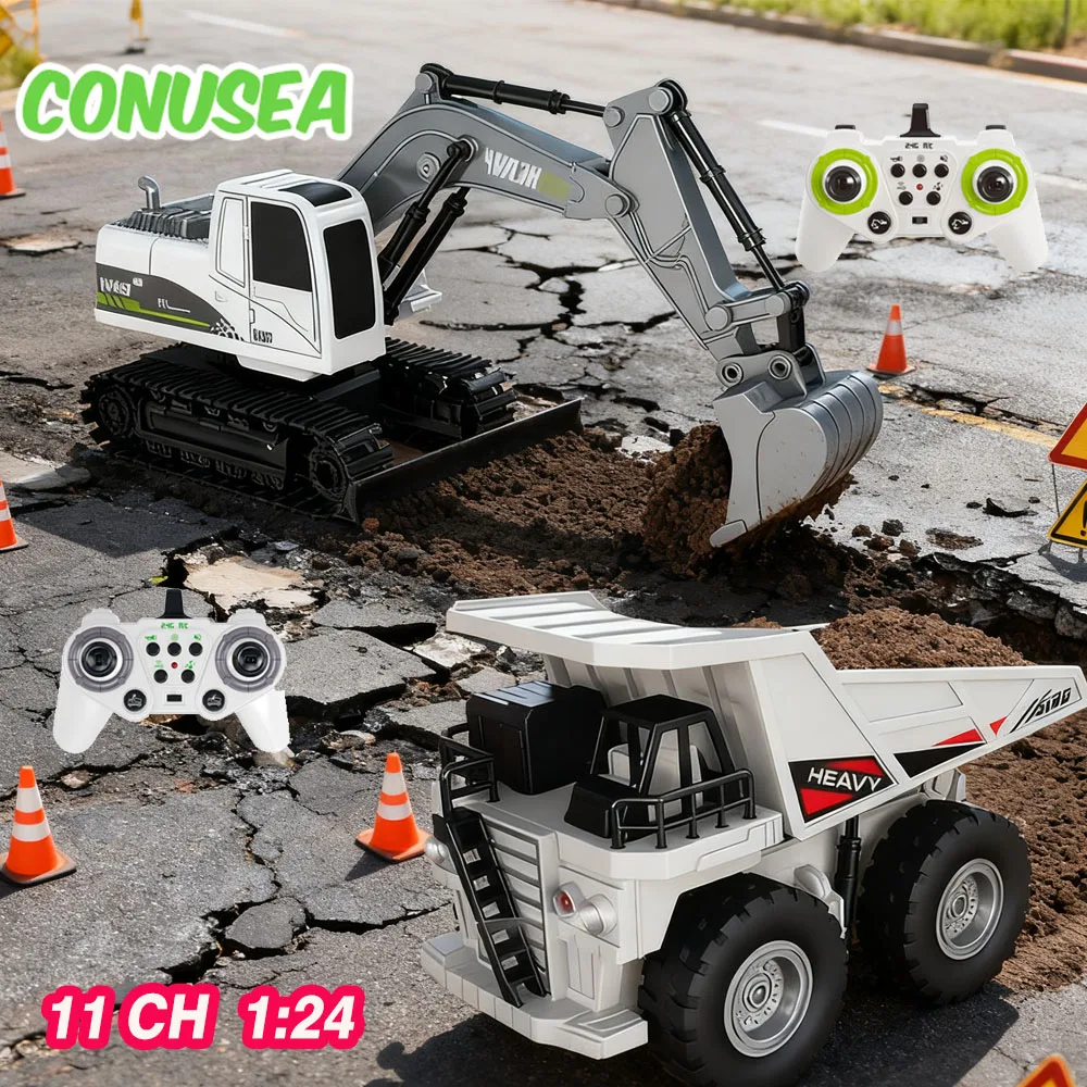 Rc Excavator 1:24 11Ch Remote Control Truck Dumper with Lights Music Radio Control Car Construction Engineering Vehicle Toys
