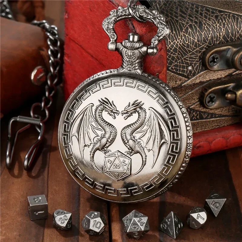 

Antique Style Engraved Double Dragon Pattern Pocket Watch Case with Pendant Chain 7Pcs/set Mini Metal Polyhedral Rpg Dices