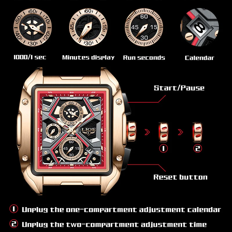 LIGE 2023 New Creative Square Watch For Men Top Brand Luxury Men Watch Fashion Waterproof Sports Chronograph Quartz Wristwatches