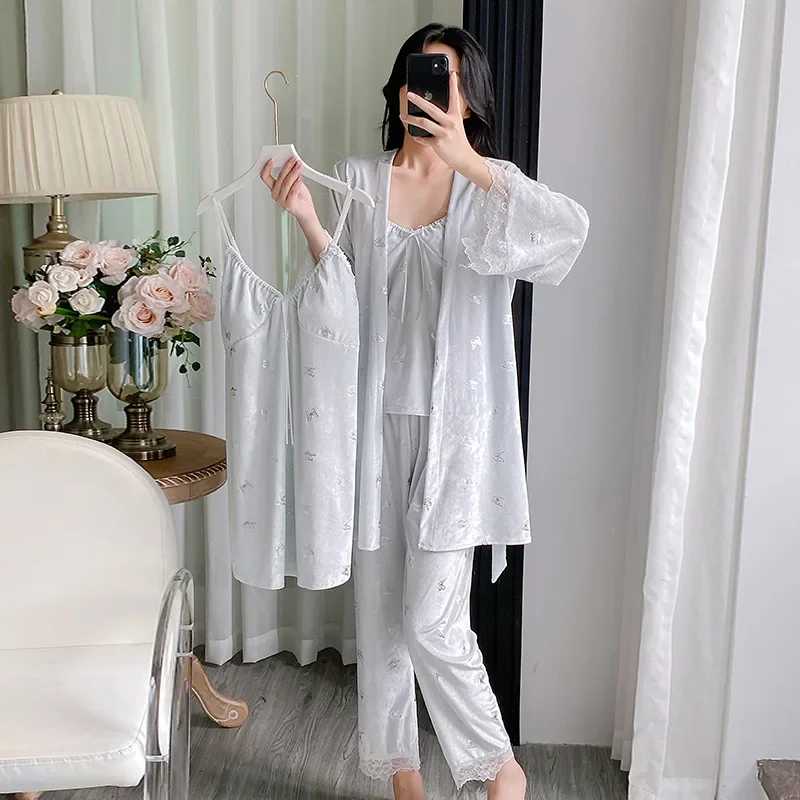 Sexy Lace Patchwork Bath Robe New Autumn Sleepwear Nightgown Loose Casual Velour Home ClothesVelvet 4PCS Pajamas Set Loungewear