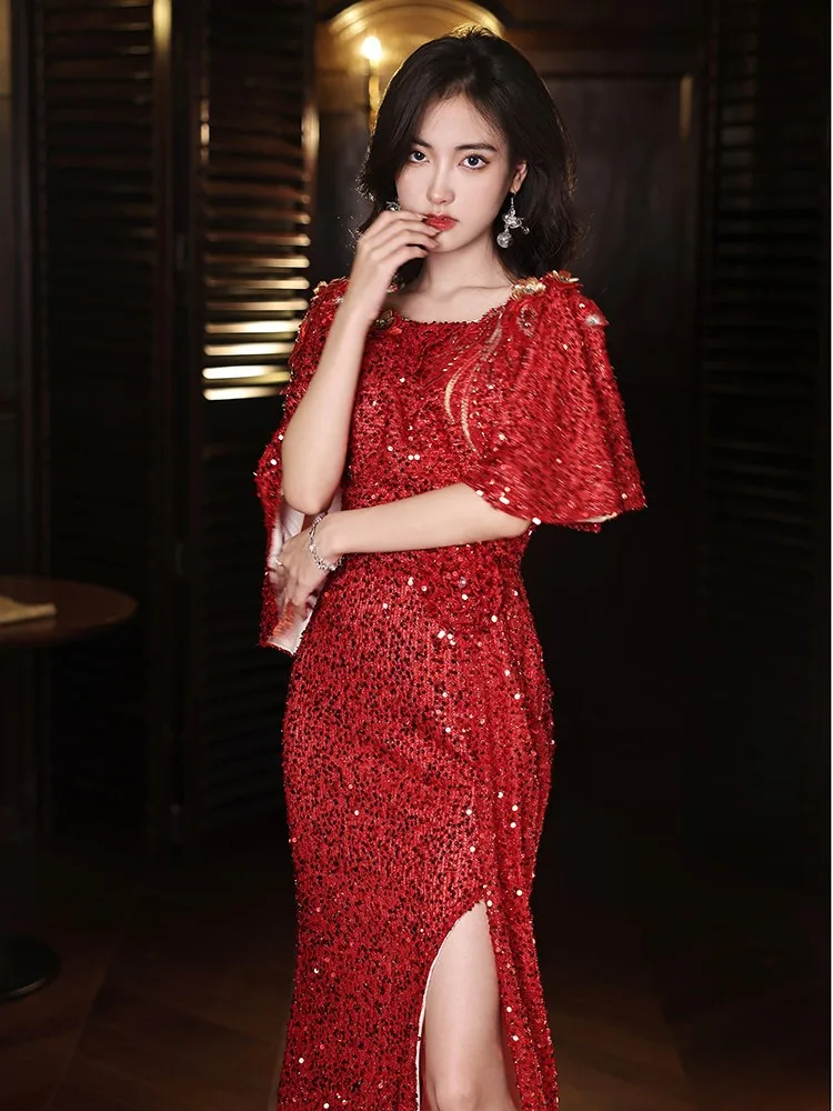 Fishtail haute couture red light luxury niche host heavy industry toasting sequined dress
