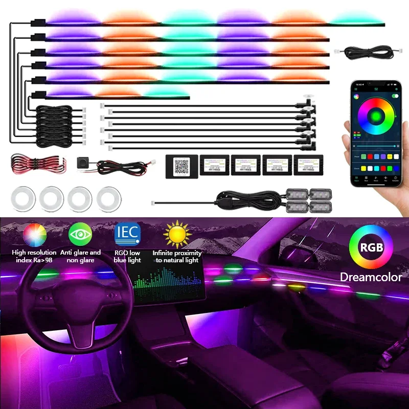 22 In1 Full Color Streamer Car Ambient Lights  LED Interior Hidden Acrylic Strip Symphony RGB 64 Color Universal Atmosphere Lamp