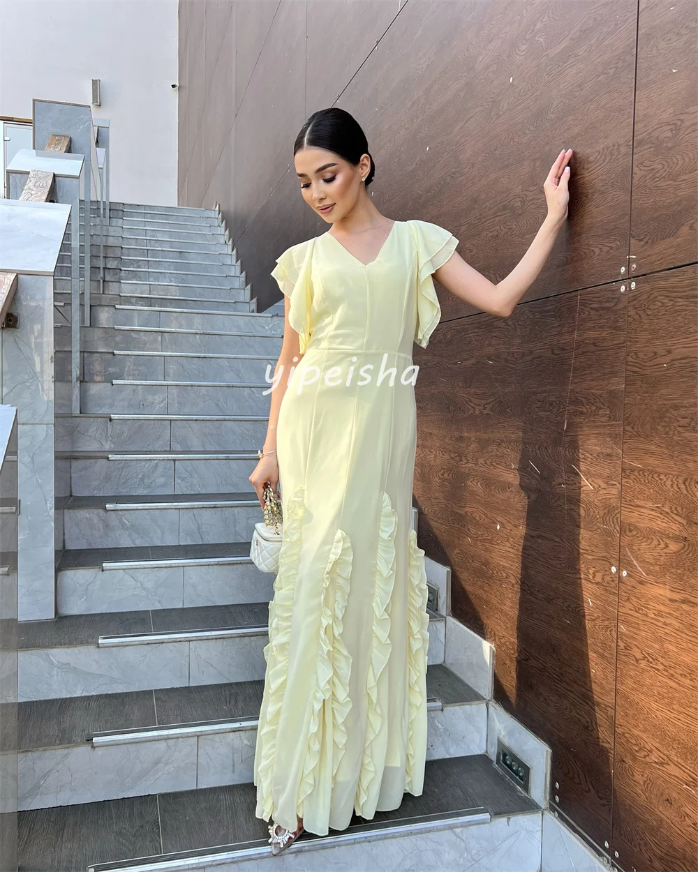 Customized High Quality Classic Chiffon Ruched Straight V-neck Long Dresses Bespoke Occasion Dresses Modern Style Intricate
