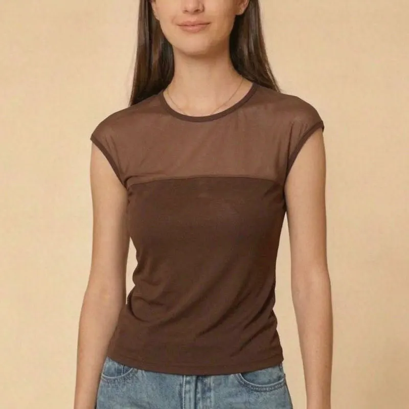 Womens Summer Lace Slim Fit Sexy T-shirt New Trend All-match Mesh Splicing Short Sleeve Tops with Chest Padded Base Shirt Blouse