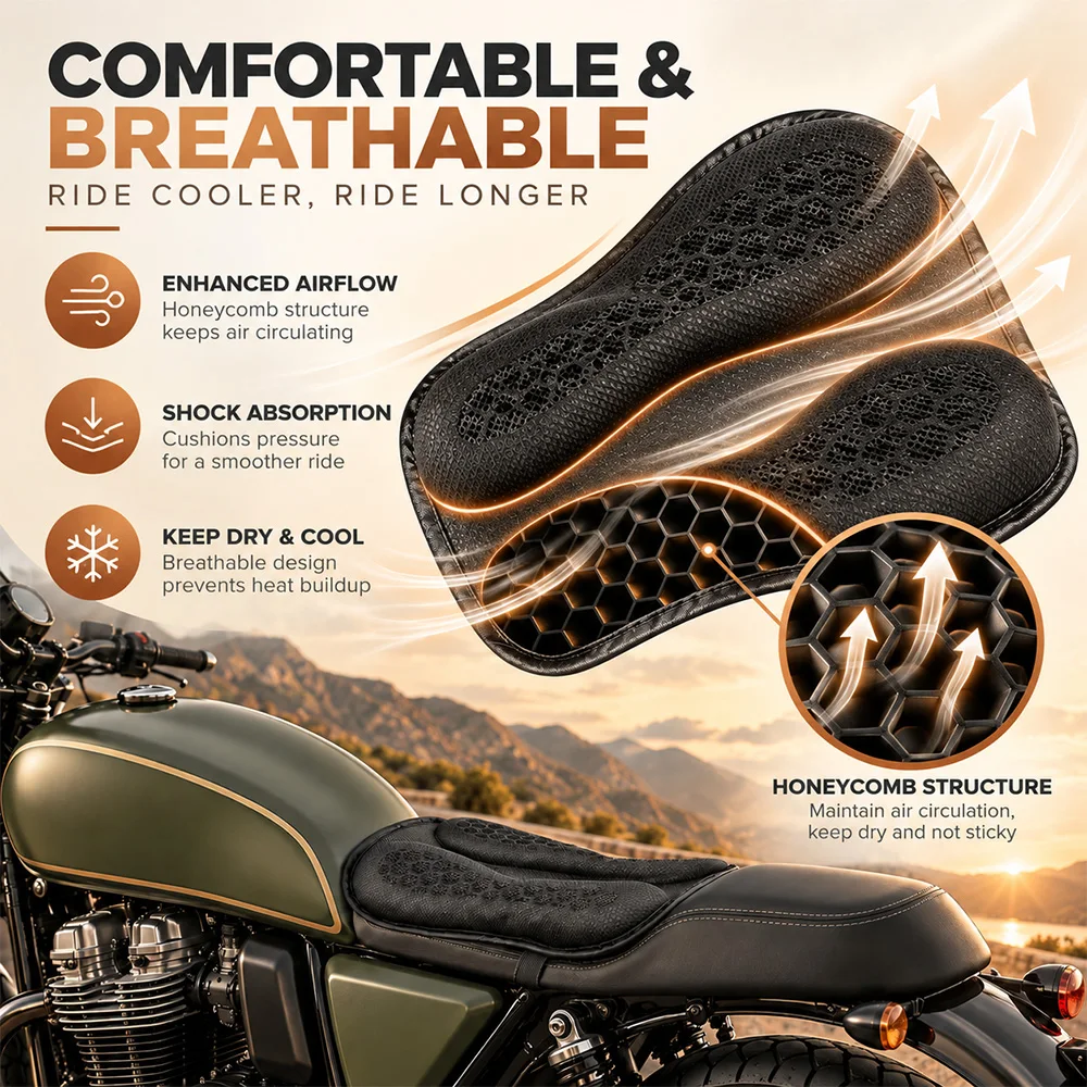 Motorrad Sitzkissen 3D Honeycomb Anti-slip Motorrad Gel Sitzkissen Moto Druckentlastung Fahrt Sitz Pad Moto Zubehör – Detail 6