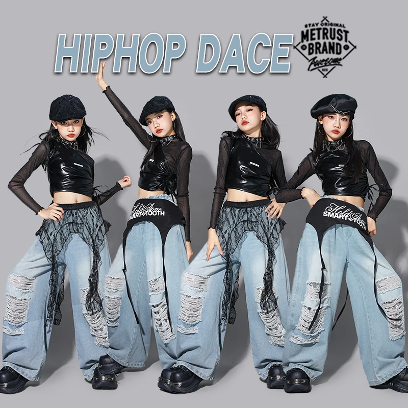 

Children Jazz Dance Clothing Girls Kpop Outfit Black Crop Top Denim Baggy Pants Fashion Hip Hop Costume Street Dance Wear 3-14Y