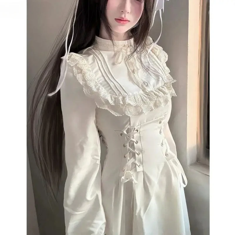 2025 ฤดูใบไม้ผลิคอเต่าสีขาว Midi ชุดผู้หญิงแขนยาวภาษาฝรั่งเศสคํา Elegant One Piece ชุดเกาหลีแฟชั่น Y2k ออกแบบเสื้อผ้า