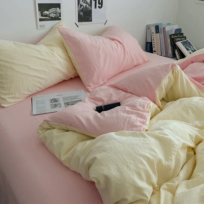 Korean INS Cream Style Pink Bedding Linen Solid Color Soft Bed Flat Sheet Pillowcase Adults Girls Washed Cotton Duvet Cover Set