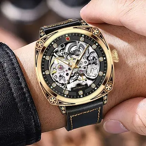 

High-quality Men Mechanical Watch Rose Gold Skeleton Fashion Luxury Watch Waterproof