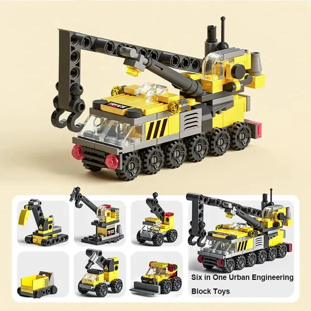 6in1 City Excavating Machinery Engineering Vehicle Crane Car Truck Material Handler Model Building Blocks Sets Bricks Toy Gift