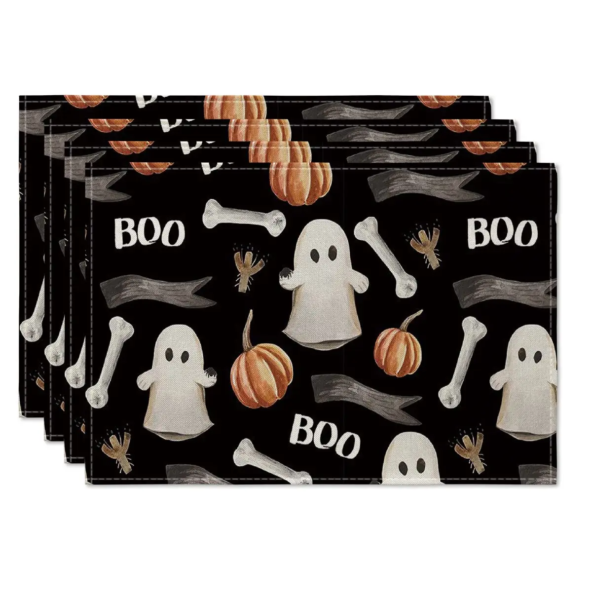 

Ghost Bone Boo Placemats, Black Pumpkins, 12x18 Inch, Spooky, Halloween, Watercolor Table Mats for Dining Decoration, Set of 4