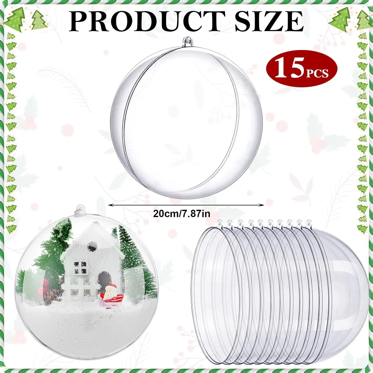 15 Pack Large Clear Fillable Christmas Ornaments, 7.87 Inch DIY Craft Balls, Shatterproof Plastic for Holiday Decor