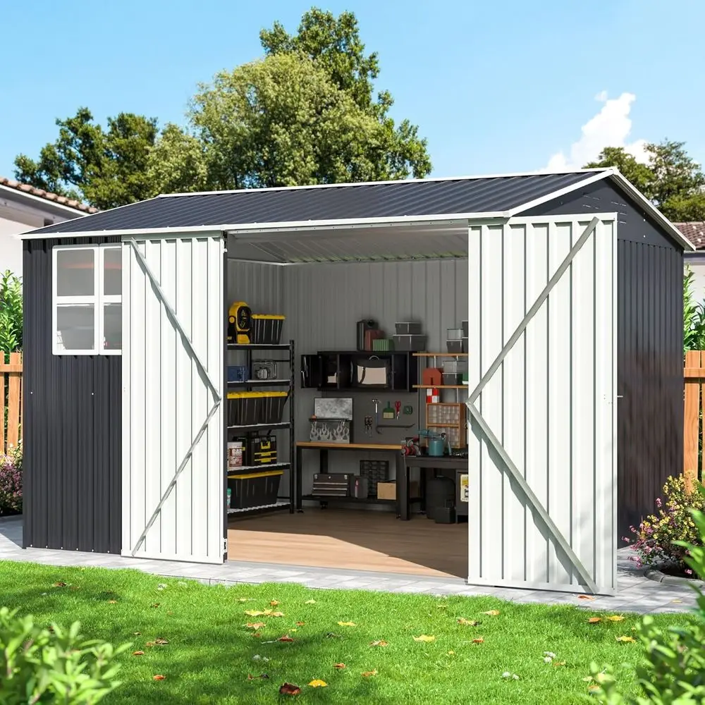 

10x10 Outdoor Metal Shed - Lockable, Weather-Resistant Garden Storage, Grey