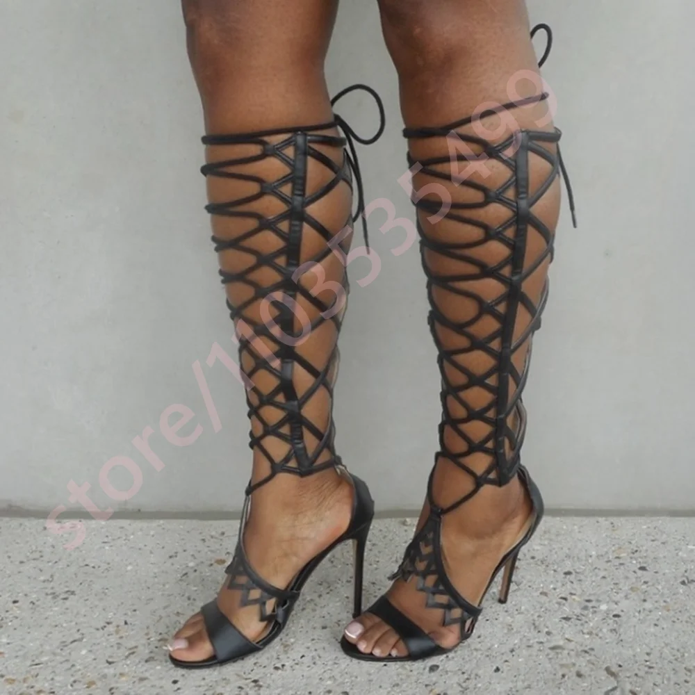 

Черные женские сапоги до середины икры с полым ремешком Ins Style 2025, пикантные вечерние повседневные ботинки на шпильке, уличные летние новые модные открытые сандалии, ботинки
