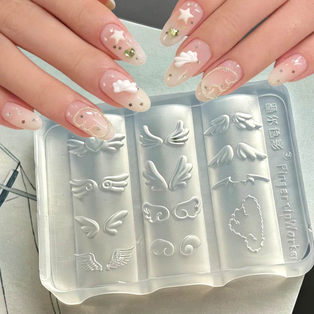 3D Y2K Dreamy Angel Wings Nail Art Mold Kawaii Heart Angel Wings Transparent Silicone Mold Nail Carving Template Nail Decoration