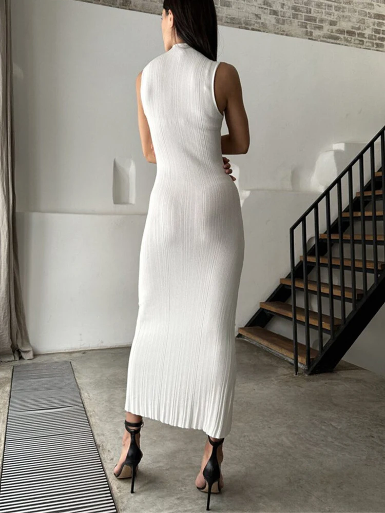Women\'s Sleeveless Tight White Dress Sexy Slim Turtleneck Dress 2024 Summer Fashion Knitted Long Dresses