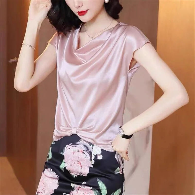 Woman 2024 Retro Elegant T-Shirts Ladies Irregular Short Front Long Back Tops Female Swinging Collar Fashion Blusas 10 Colors