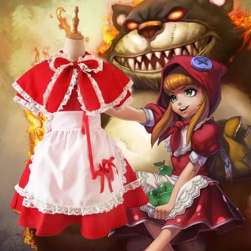 

Game LOL Annie Little Red Hood Maid Apron Dress Uniform Outfit Halloween Cosplay Costumes