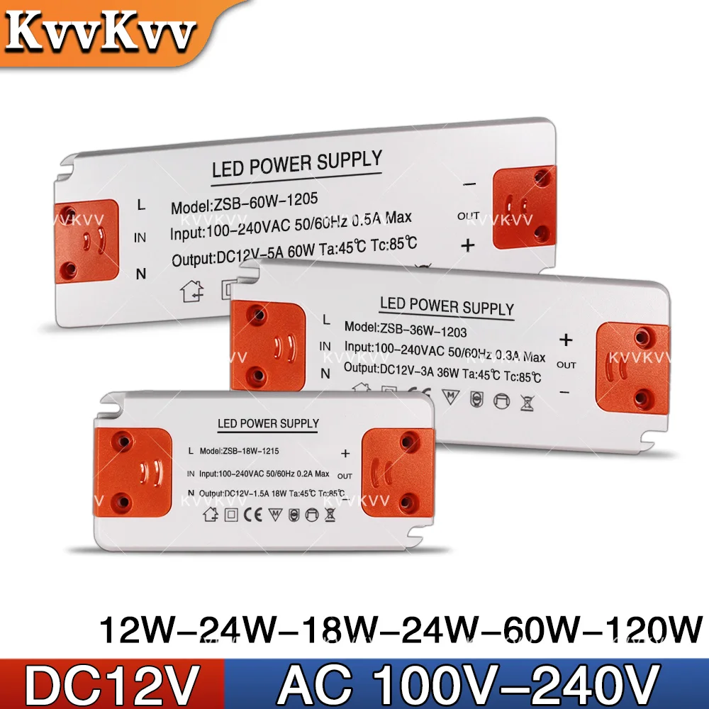 LED Driver 12W 18W 24W 36W 60W 120W LED Power Supply AC 110 220V Power Supply DC12V LED Transformer Adapter For LED Strip Lights