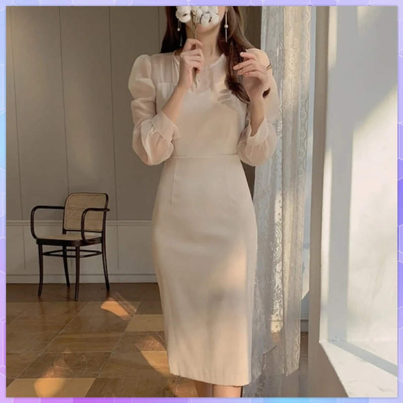 

Elegant Dresses For Women Korean Chic Spring Slim A Line O Neck Long Sleeve Patchwork Mesh Midi Dress Ladies Office Lady Vestido