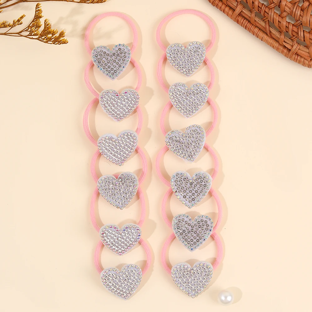 12Pcs Heart Hair Tie For Girls Sweet Sparkly Rhinestones Hair Rope Children High-elasticity Rubber Bands Hair Accessories