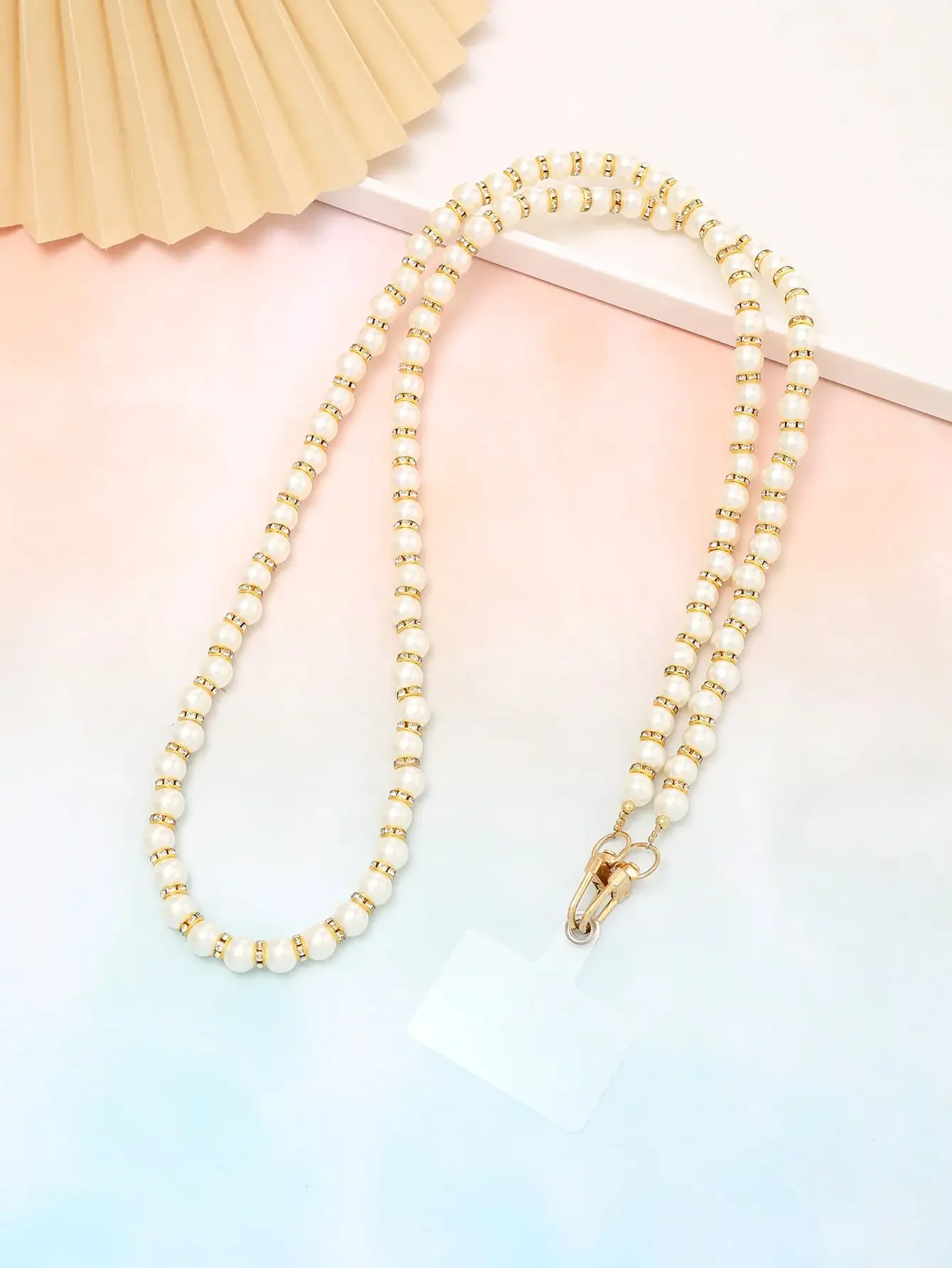 Alien pearl chain with gold silver diamond ring, long diagonal cross phone strap with transparent card