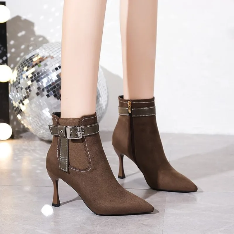 Mulheres de salto alto botas de neve sexy apontou toe sapatos mulher 2025 tendência nova marca inverno stilettos fivela designer bombas mujer