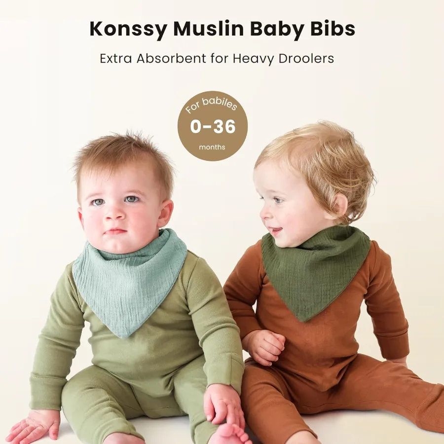 10 عبوات من مرايل أطفال Konssy Muslin للجنسين للأولاد والبنات: مرايل باندانا ناعمة ماصة مصنوعة من 100 قطن مثالية للأسنان