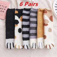 6 pairs Woman socks Kawaii Cartoon Cute 3D Dog Cat Paw Pattern Winter Female Fleece Warm snowfield Home Floor Sleeping Thick