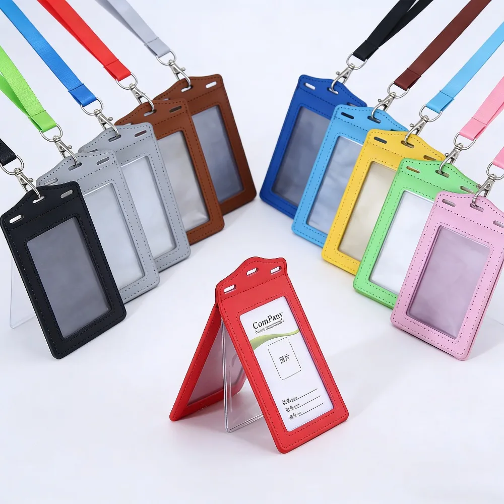 

Clear Window ID Card Holder PU Leather Badge Case for Office Multi-Slot Business & Bus Card Protector, Work Security Pass Sleeve