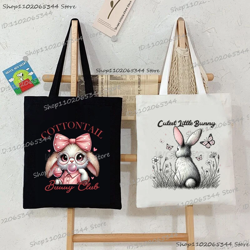 Women's Handbags Cottontail Bunny Club Print Storage Shopping Bag Cute Little Bunny Canvas Tote Bags Rabbit Cartoon Shoulder Bag