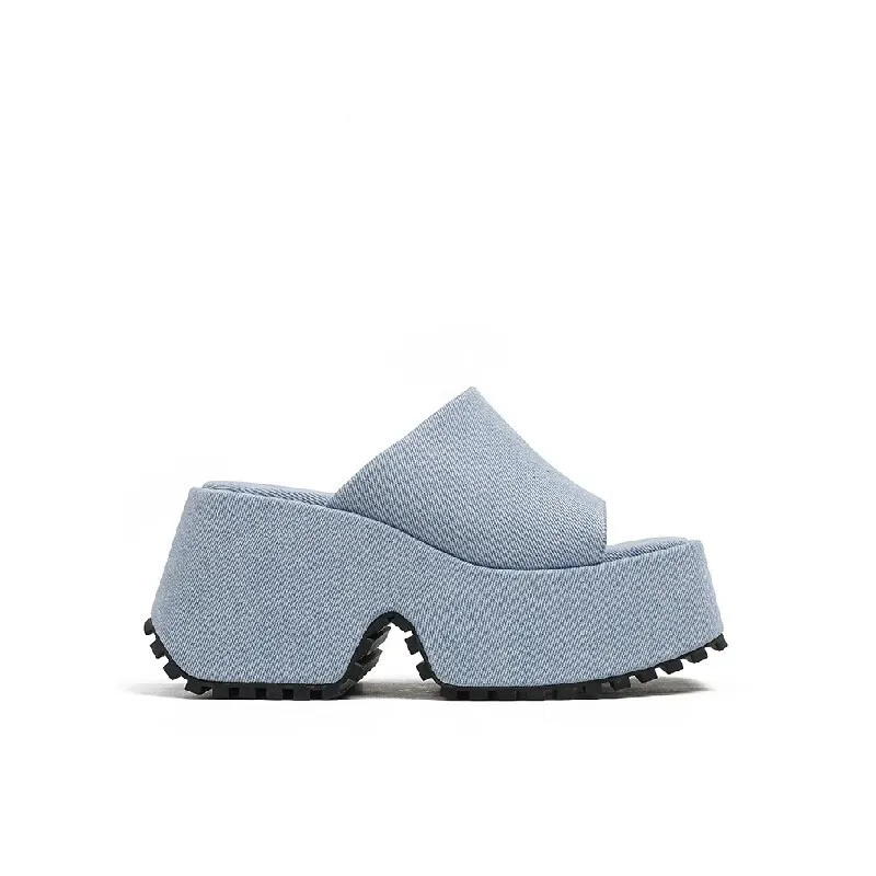 

Denim Thick Sole Summer Women Slippers Modern Flat With Height Increasing Leisure Casual Outside Platform Super High Heel Shoes