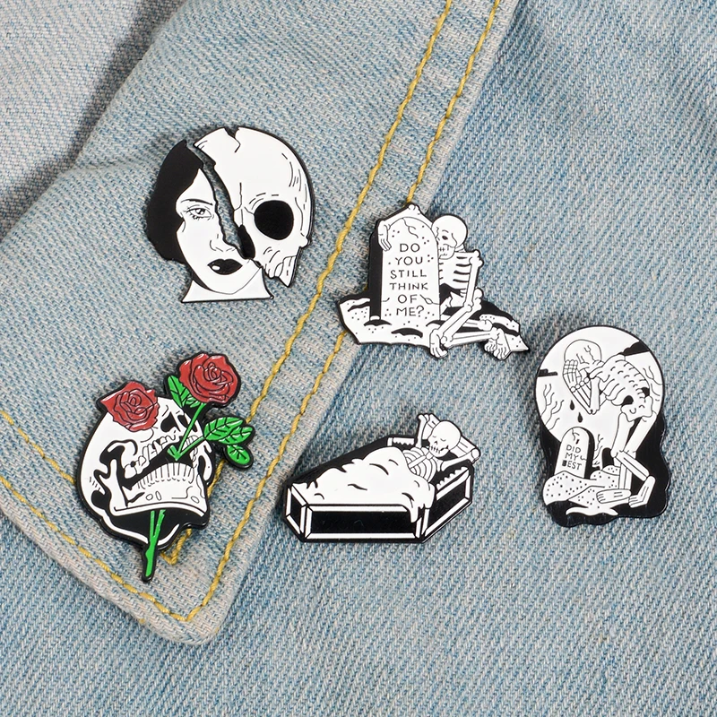 Woman Skull Face Enamel Pin Rose Dead Lovers Coffin Badge Brooch Lapel Pins Denim Jeans Shirt Bag Punk Jewelry Gift for Friends