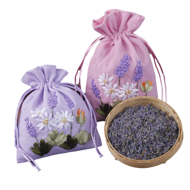 10Pcs Handmade Ribbon Embroidery Small Linen Cloth Bags for  Jewelry Packaging Drawstring Pouch Empty Sachet lavender Storage